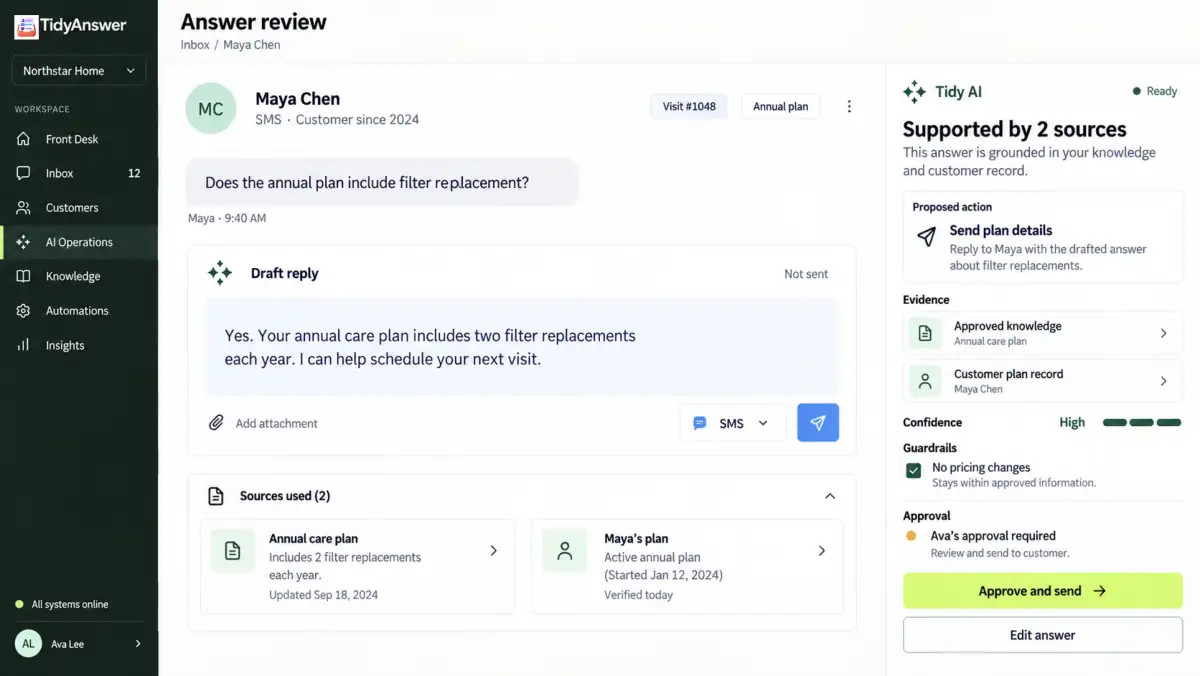 TidyAnswer Messaging product view