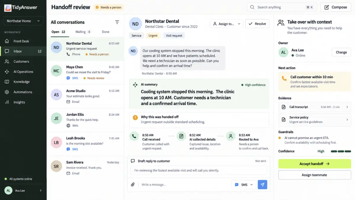 TidyAnswer Human handoff product view