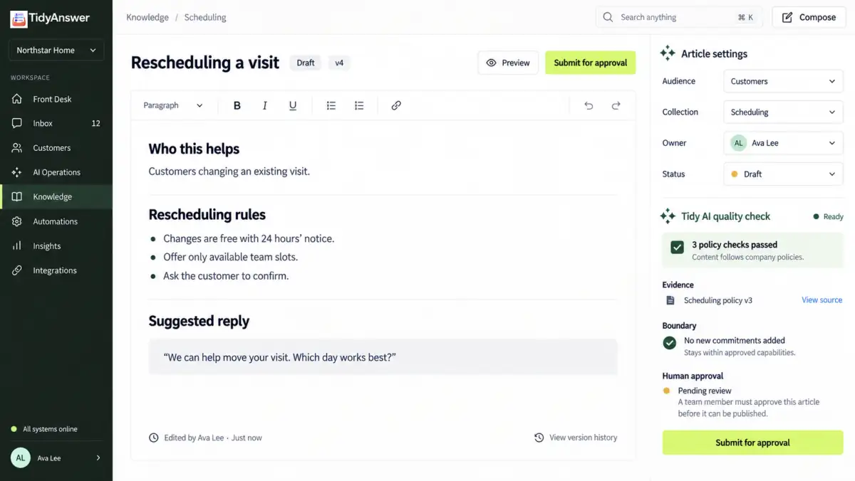 TidyAnswer Knowledge interface